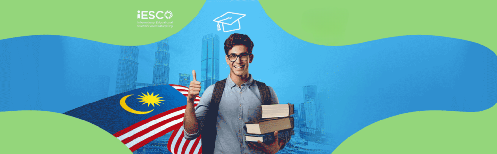 a banner featuring a young man holding books and giving a thumbs-up sign, with the flag of Malaysia and iconic Petronas Twin Towers in the background, symbolizing the country and the government scholarship for foreigners