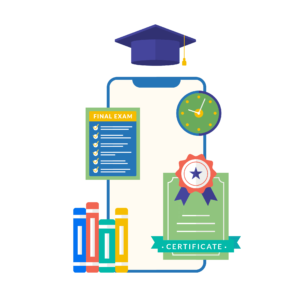 an illustratration showing the path from scholarship studying to getting the certificate