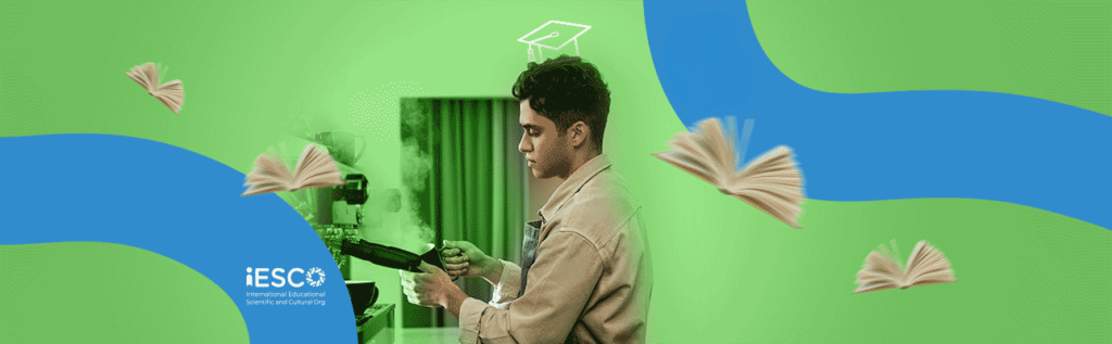 a young man focused on working as a barista, with three animated books flying in the background, creating a sense of motion and the coexistence of work and studying in a faculty.