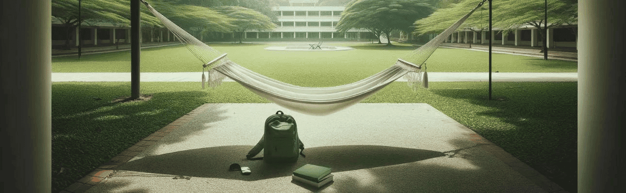 minimalist scene featuring a single white hammock tied between two trees in a quiet, green park area of a Malaysian university campus.
