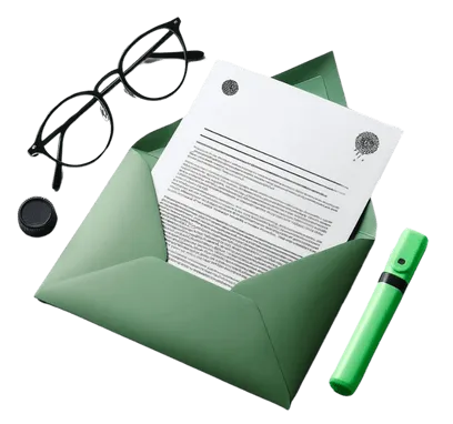 a single black and white scientific research paper partially pulled out of a sleek green envelope