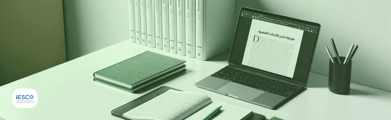 A tidy workspace features a laptop displaying a research document with an arabic title "طريقة نشر الأبحاث العلمية", a notebook with a pen on top, a closed green book, and a pen holder with pens. There is a row of white binders on a shelf in the background. The logo "iESCO" in the lower left corner.