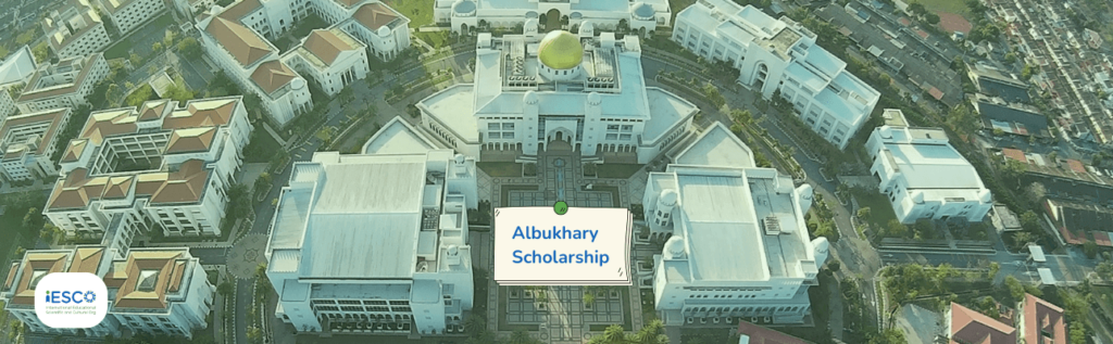 Vertical photo of albukhary University of Malaysia with the phrase "albukhary Scholarship" and Logo Iesco Foundation down the left of the photo