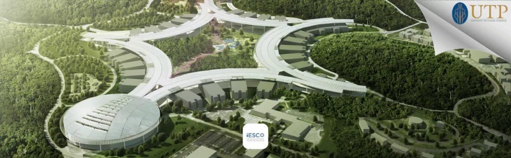 an aerial shot of the petronas university campus in malaysia with the university logo and iesco logo present on the photo