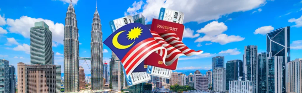 a cityscape of Kuala Lumpur, Malaysia, with the iconic Petronas Twin Towers prominently visible in the center. The sky is bright blue with scattered clouds. Superimposed in the foreground are two Malaysian passports, one with the Malaysian flag and the other with the word "PASSPORT" in gold letters. There are also airline boarding passes partially visible behind the passports. The overall image conveys a theme of travel or tourism related to Malaysia. the image is a header for a blog titled: "شروط فيزا الدراسة في ماليزيا (فيزا الطالب)"