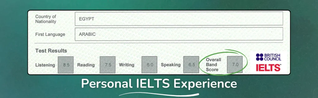 The image shows a section of an IELTS test result form + The sentence "My IELTS Experience"