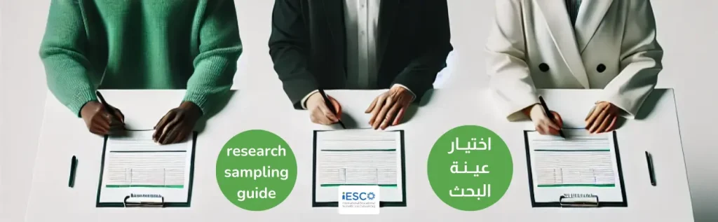 three individuals sitting at a table, each with a clipboard in front of them. They appear to be filling out research forms. There are two green circles with text on them. The circle on the left says "research sampling guide" in English, and the circle on the right has Arabic text that reads "اختيار عينة البحث". There is a logo with the text "IESCO" and the tagline "International Educational Scientific and Cultural Organization" in the middle.